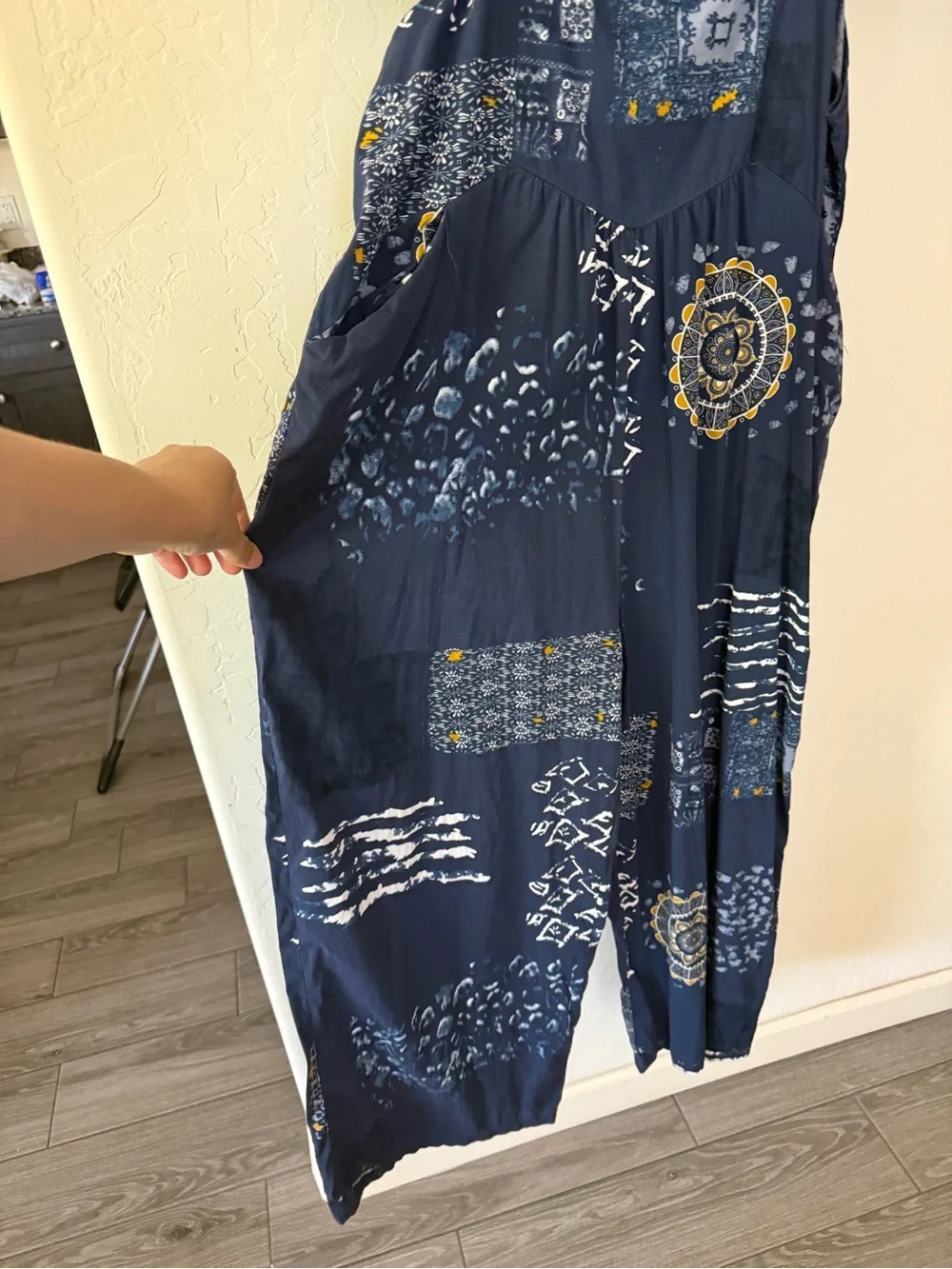 Small shop|Navy Boho Patchwork print Wide-Leg sleeveless Jumpsuit,overall style• - Picture 6 of 13